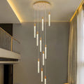 Black 10-light spiral strip LED chandelier in a modern Australian high-ceiling staircase