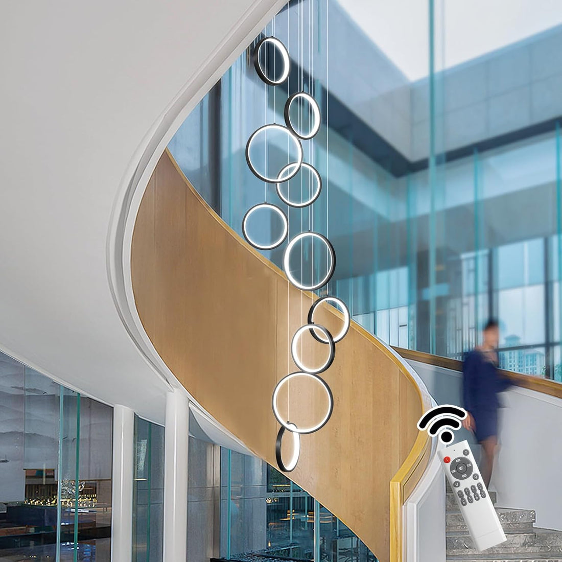 10-Ring Spiral LED Chandelier — Black Staircase & Foyer Light in an Australian home