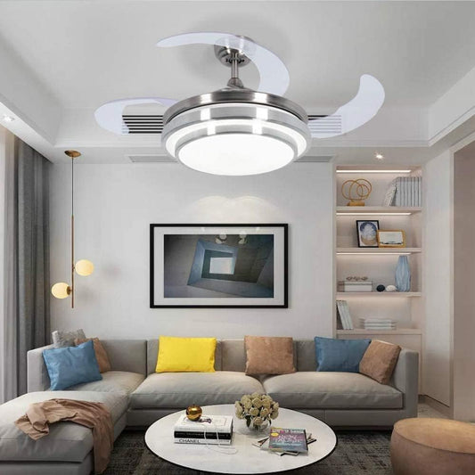42" Retractable Ceiling Fan Chandelier — Silver Hidden Blades Silent DC Motor