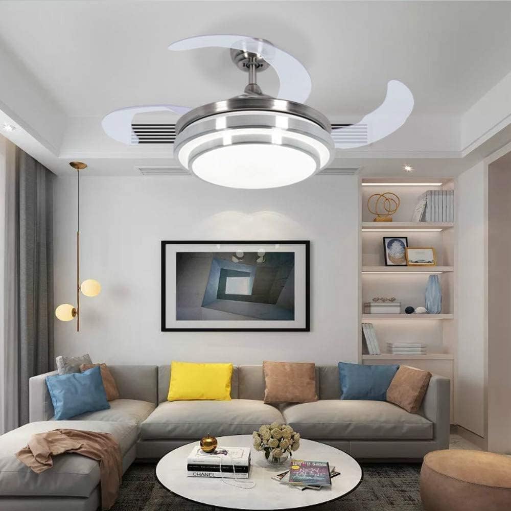 Silver retractable ceiling fan light with clear blades above a modern living room sofa