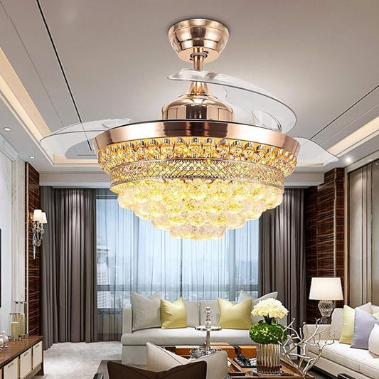 42-inch gold crystal retractable ceiling fan chandelier with hidden blades