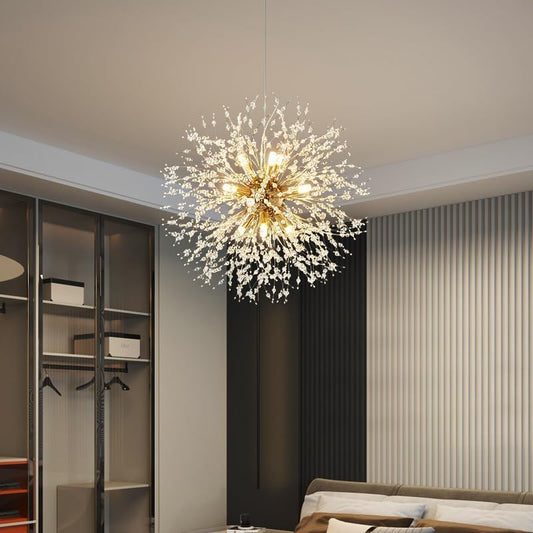 Cluster of nine dandelion pendant lights grouped at staggered heights in an Australian home