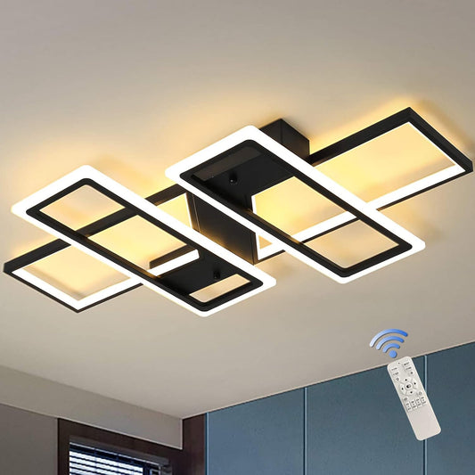 4-Square Geometric LED Ceiling Chandelier — Dimmable Black, Gold & Grey in an Australian home