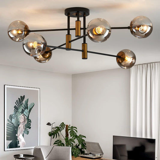 Smoke-glass globe sputnik chandelier in a mid-century modern Australian living room