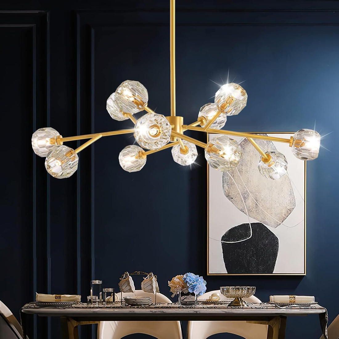 Gold-finish modern crystal pendant chandelier