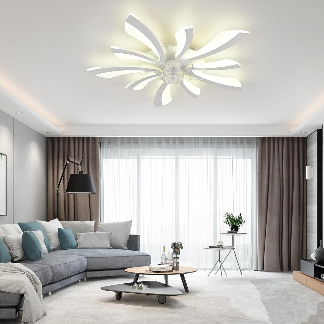 Crystal ceiling fan with LED light in an Australian living room