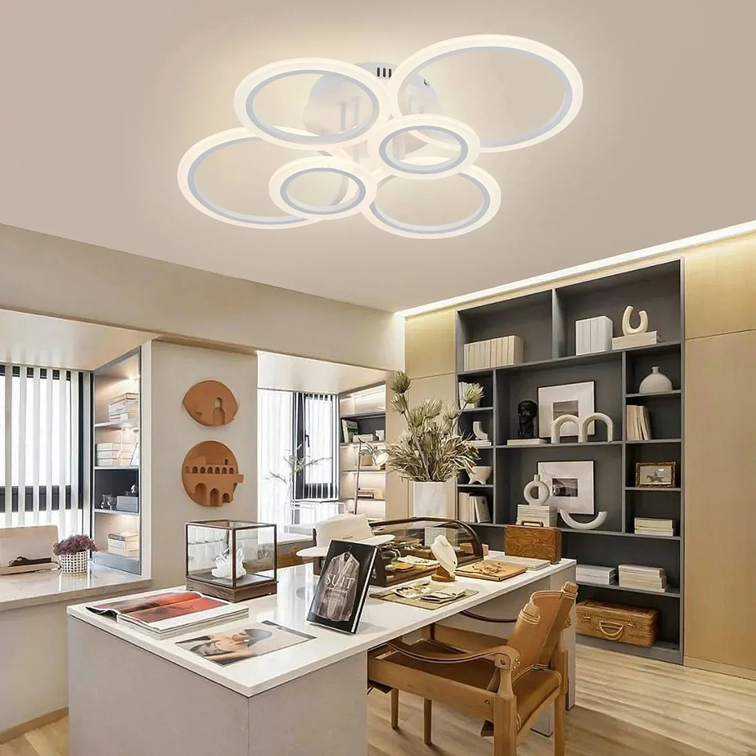 Flush circular LED ceiling lamp giving even task light in an Australian laundry