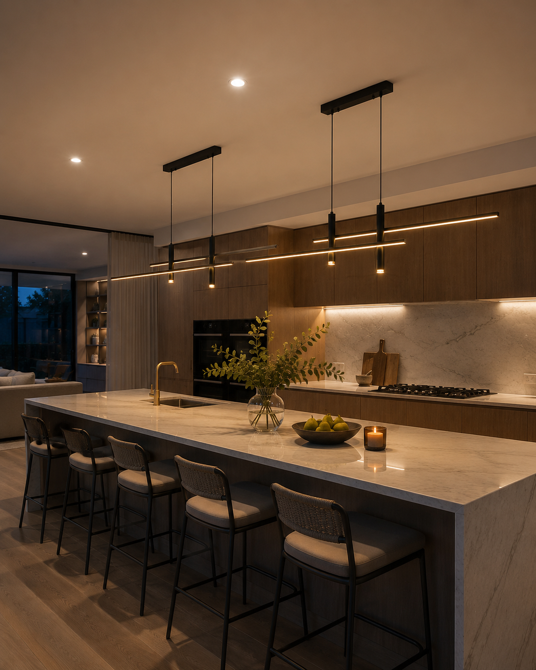 Modern Linear LED Pendant over a kitchen island in a contemporary Australian kitchen