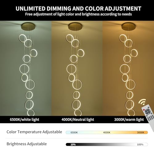 Gold 10-ring spiral LED chandelier in a modern Australian high-ceiling staircase