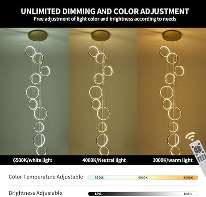 Gold 10-ring spiral LED chandelier in a modern Australian high-ceiling staircase