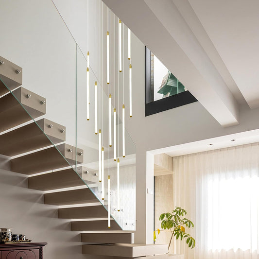 Black 15-light spiral strip LED chandelier in a modern Australian high-ceiling staircase