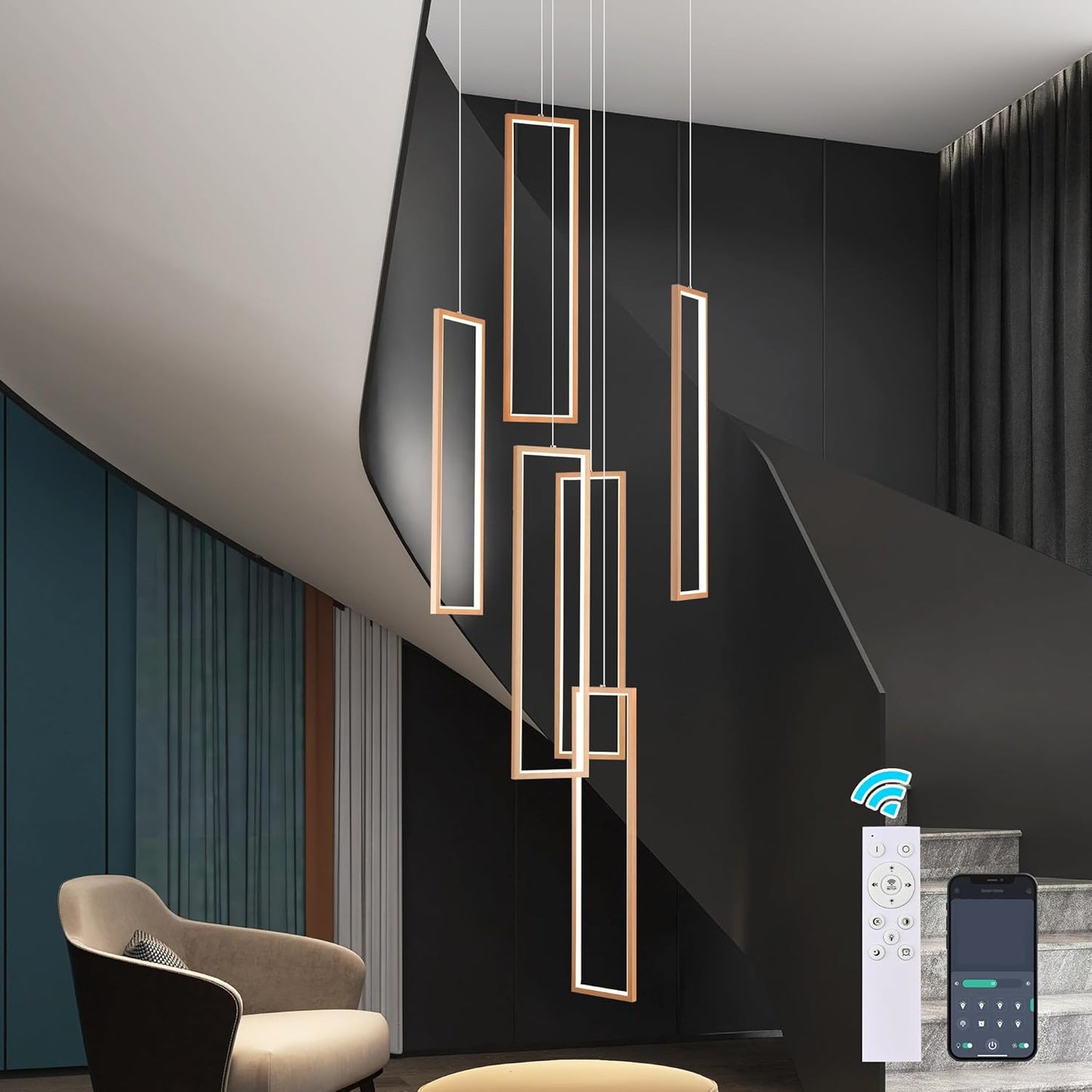 Gold 6-frame rectangular LED chandelier in a modern Australian high-ceiling void