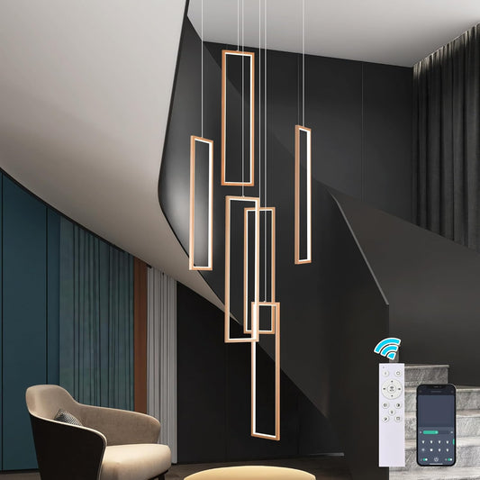 Gold 6-frame rectangular LED chandelier in a modern Australian high-ceiling void