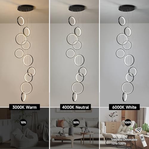 Black 10-ring spiral LED chandelier in a modern Australian high-ceiling staircase