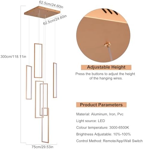 Gold 6-frame rectangular LED chandelier in a modern Australian high-ceiling void