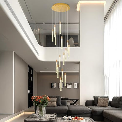 Gold 15-light spiral strip LED chandelier in a modern Australian high-ceiling foyer