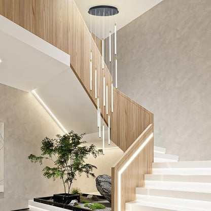Black 15-light spiral strip LED chandelier in a modern Australian high-ceiling staircase