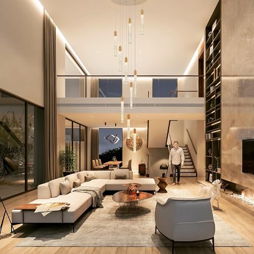Black 10-light spiral strip LED chandelier in a modern Australian high-ceiling staircase