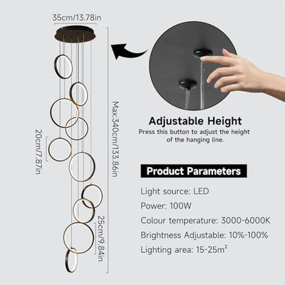 Black 10-ring spiral LED chandelier in a modern Australian high-ceiling staircase