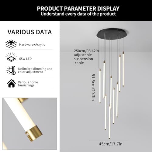 Black 9-light spiral strip LED chandelier in a modern Australian high-ceiling staircase