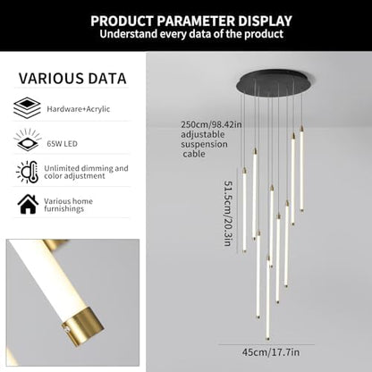 Black 9-light spiral strip LED chandelier in a modern Australian high-ceiling staircase