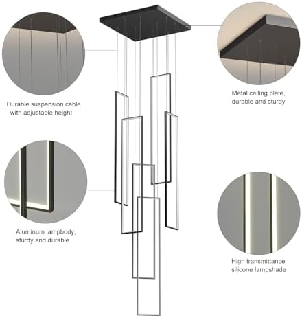 Black 6-light square LED chandelier in a modern Australian high-ceiling foyer
