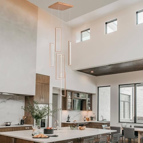 Gold 6-frame rectangular LED chandelier in a modern Australian high-ceiling void