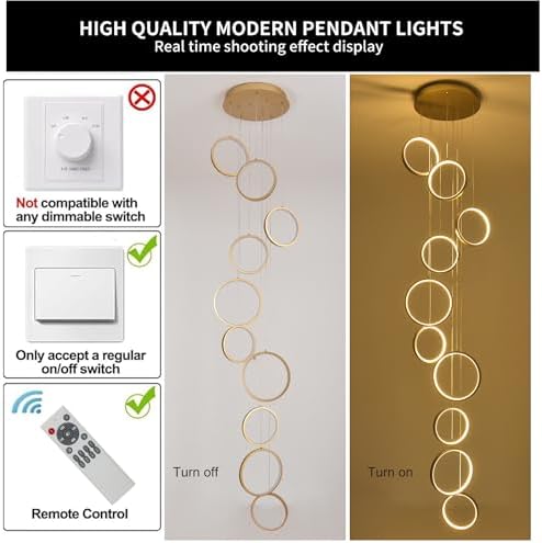 Gold 10-ring spiral LED chandelier in a modern Australian high-ceiling staircase