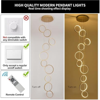 Gold 10-ring spiral LED chandelier in a modern Australian high-ceiling staircase