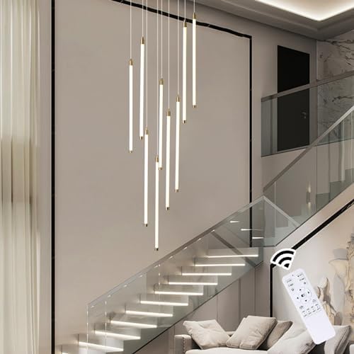 Black 9-light spiral strip LED chandelier in a modern Australian high-ceiling staircase