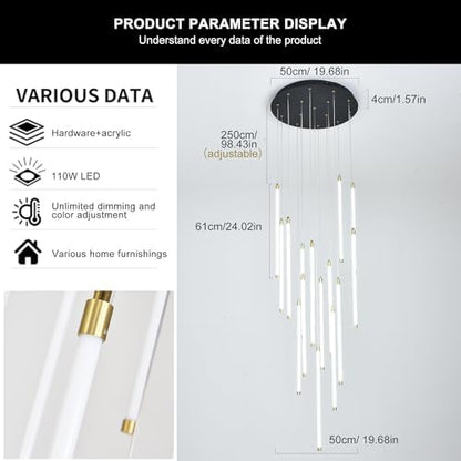 Black 15-light spiral strip LED chandelier in a modern Australian high-ceiling staircase