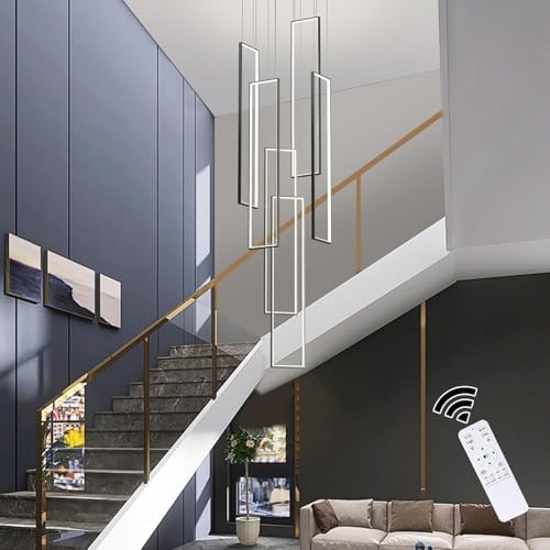 Black 6-light square LED chandelier in a modern Australian high-ceiling foyer