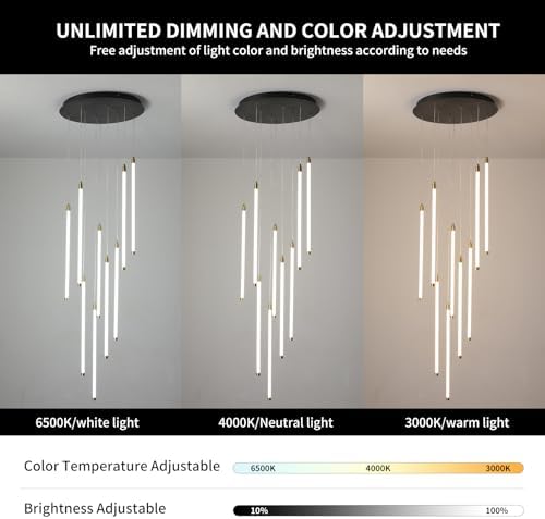 Black 9-light spiral strip LED chandelier in a modern Australian high-ceiling staircase