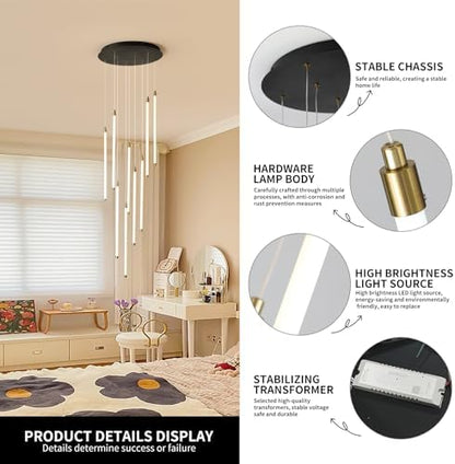 Black 9-light spiral strip LED chandelier in a modern Australian high-ceiling staircase