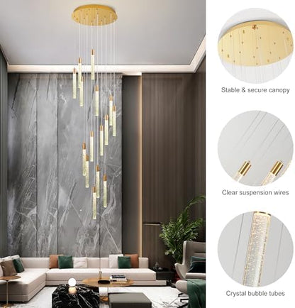 Gold 15-light spiral strip LED chandelier in a modern Australian high-ceiling foyer