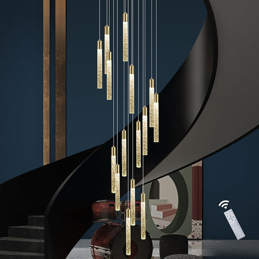 Gold 15-light spiral strip LED chandelier in a modern Australian high-ceiling foyer