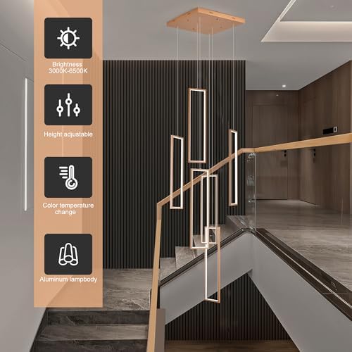 Gold 6-frame rectangular LED chandelier in a modern Australian high-ceiling void