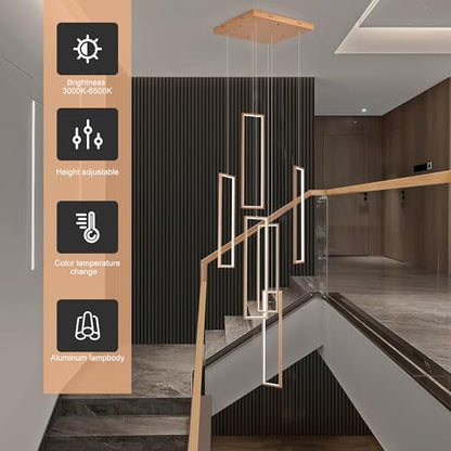 Gold 6-frame rectangular LED chandelier in a modern Australian high-ceiling void