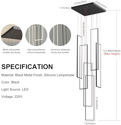 Black 6-light square LED chandelier in a modern Australian high-ceiling foyer
