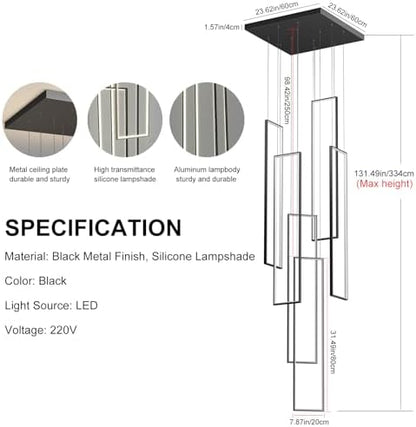 Black 6-light square LED chandelier in a modern Australian high-ceiling foyer