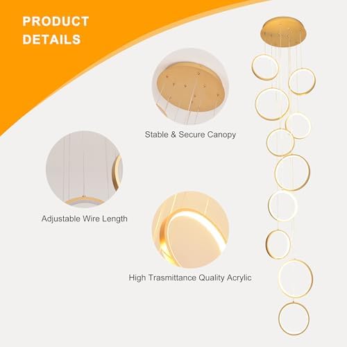 Gold 10-ring spiral LED chandelier in a modern Australian high-ceiling staircase