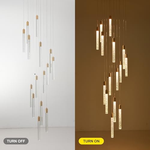 Gold 15-light spiral strip LED chandelier in a modern Australian high-ceiling foyer