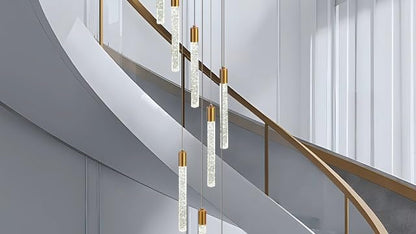 Black 10-light spiral strip LED chandelier in a modern Australian high-ceiling staircase