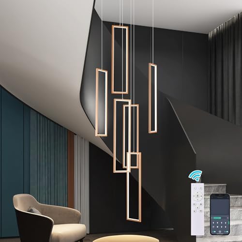 Gold 6-frame rectangular LED chandelier in a modern Australian high-ceiling void