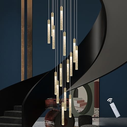 Gold 15-light spiral strip LED chandelier in a modern Australian high-ceiling foyer