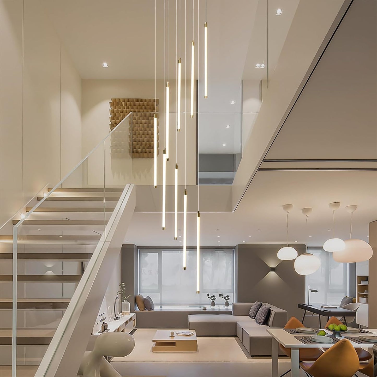 Black 9-light spiral strip LED chandelier in a modern Australian high-ceiling staircase
