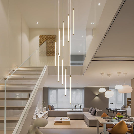 Black 9-light spiral strip LED chandelier in a modern Australian high-ceiling staircase