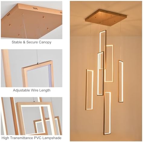 Gold 6-frame rectangular LED chandelier in a modern Australian high-ceiling void