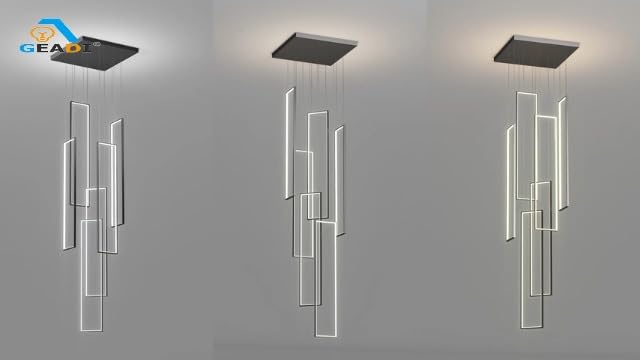 Black 6-light square LED chandelier in a modern Australian high-ceiling foyer