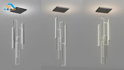 Black 6-light square LED chandelier in a modern Australian high-ceiling foyer
